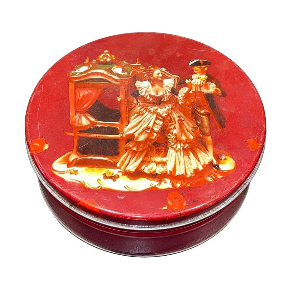 Vintage Red Victorian Royalty Palanquin Design Tin Decorative Container GUC